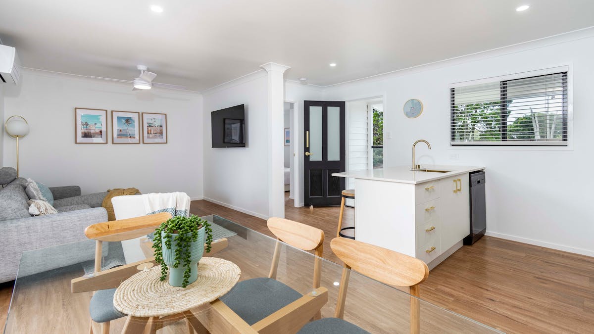 Dining, kitchen and lounge area