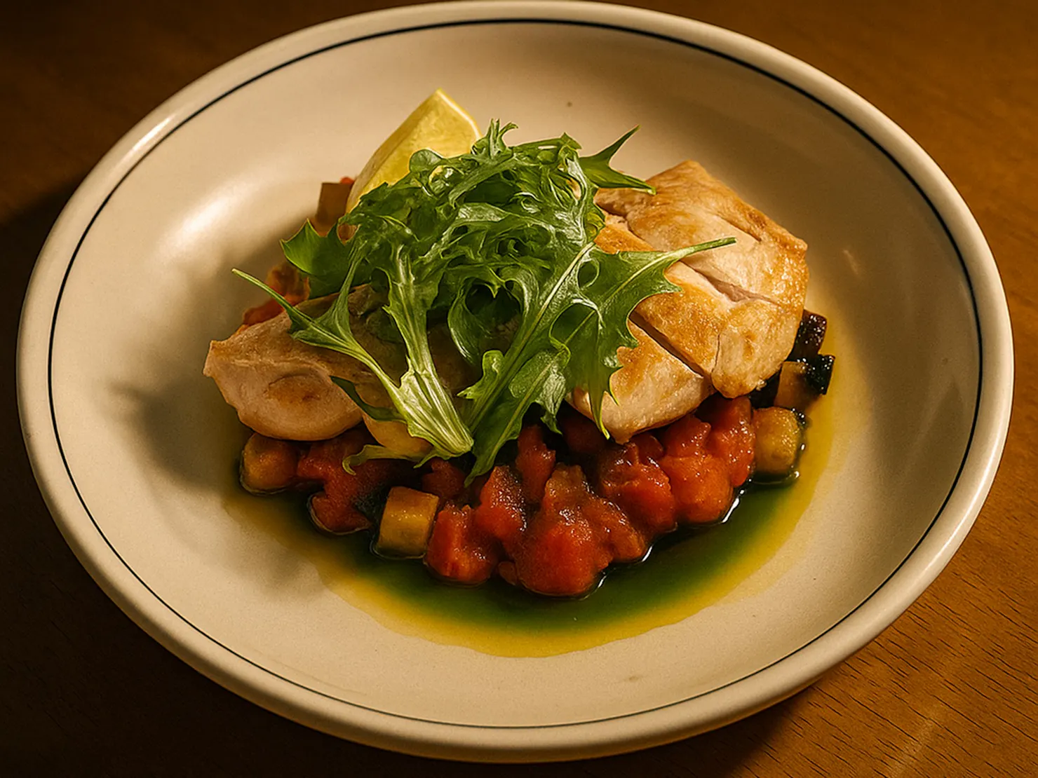 Tender chicken on a bed of tomato‑braised vegetables