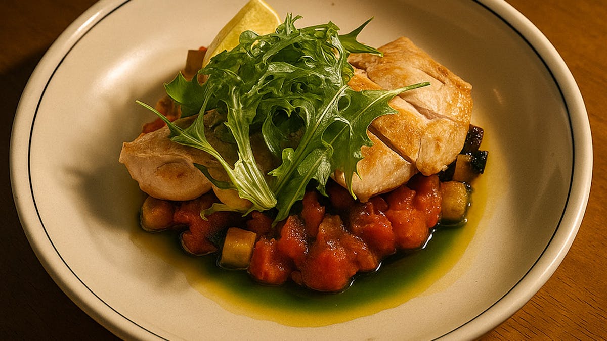 Tender chicken on a bed of tomato‑braised vegetables