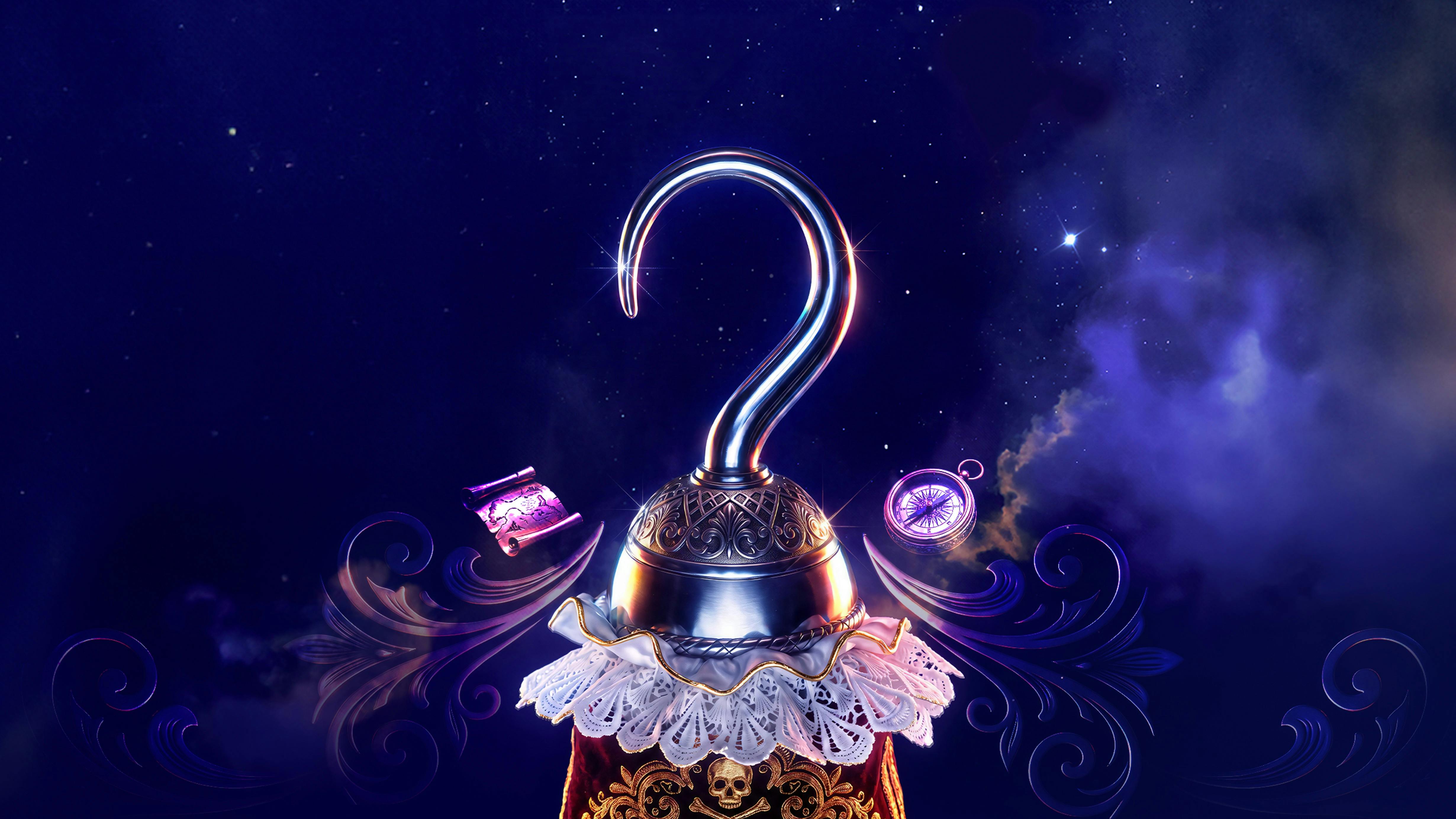Ornate pirate hook with ruffled collar, skull motif, floating map and compass beneath a starry sky.