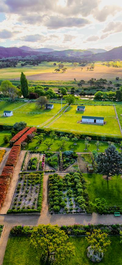 Drone image of Lanyon Homestead towards murrimbidgee river and brindabellas