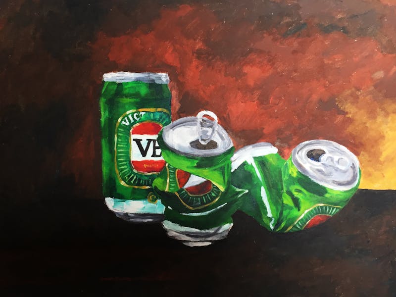 MATHILDA ROBBA Still life with VB cans 2018, oil on board, 30 x 42cm
