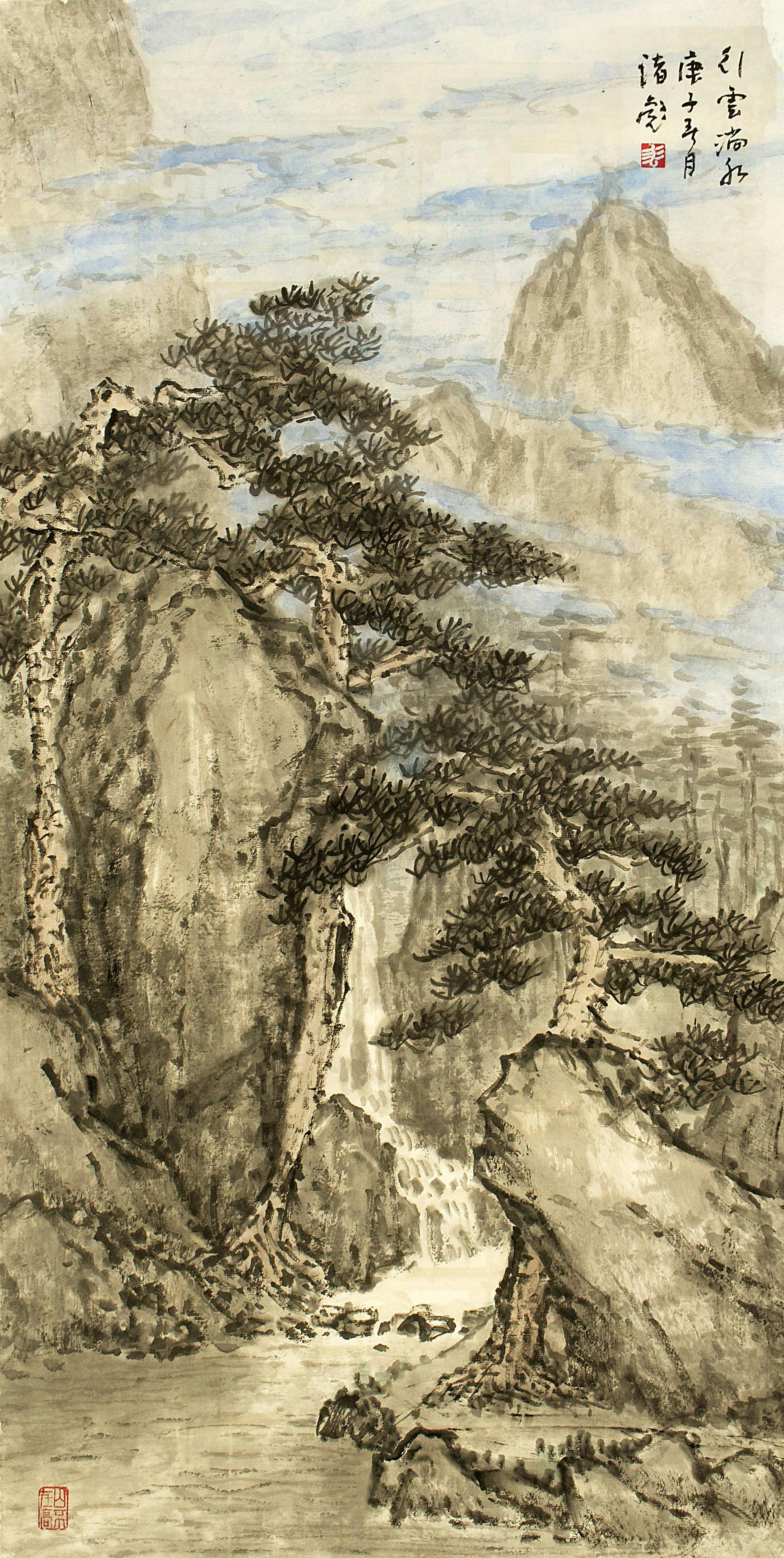 An ink painting of a khaki-grey mountain crag overlooking a pale lake that extends into the distance