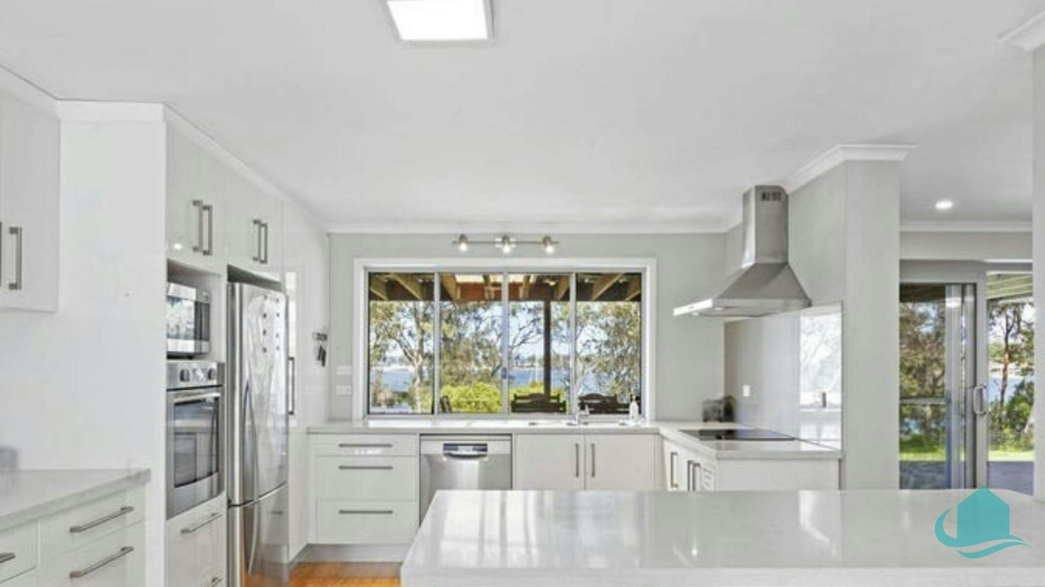 Kitchen with lake views
