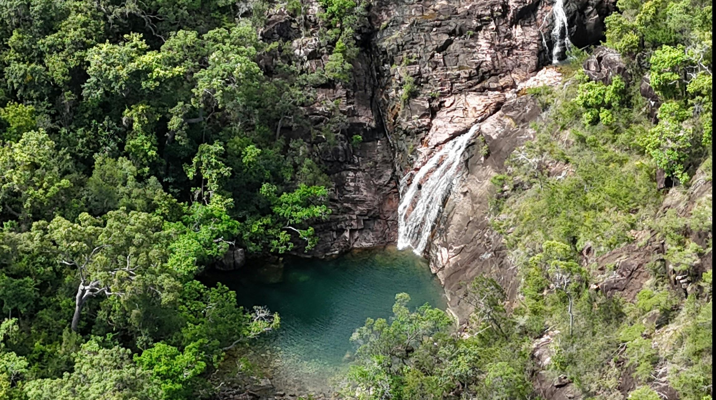 Aireal veiw of Zoe Falls and rockpool by drone