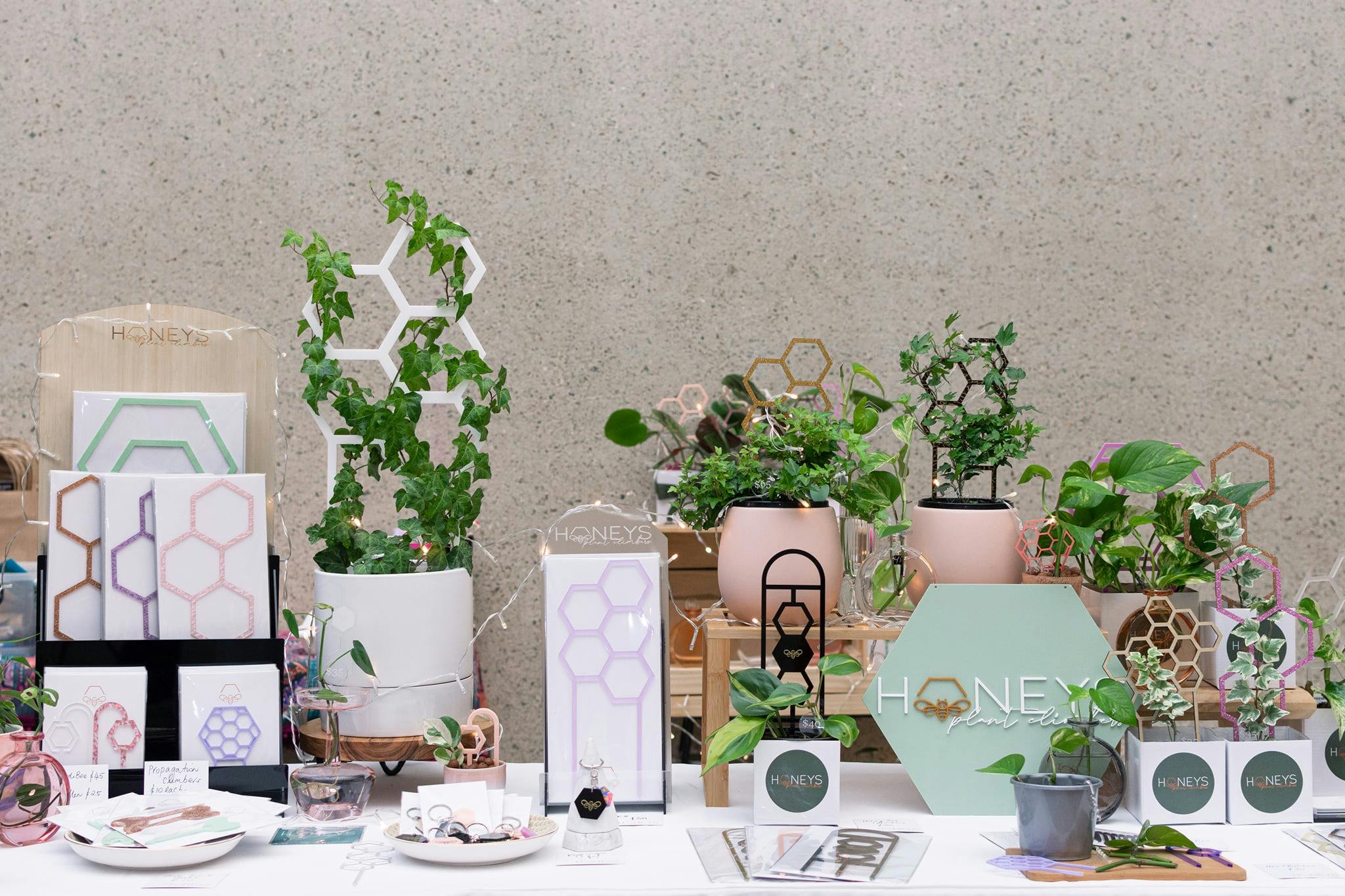 A shot of a stall with plans, plant pots & acrylic plant climbers