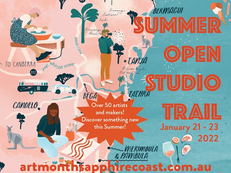 Illustrated map shows icons of artists, trees and food of Bega with title Summer Open Studio Trail.