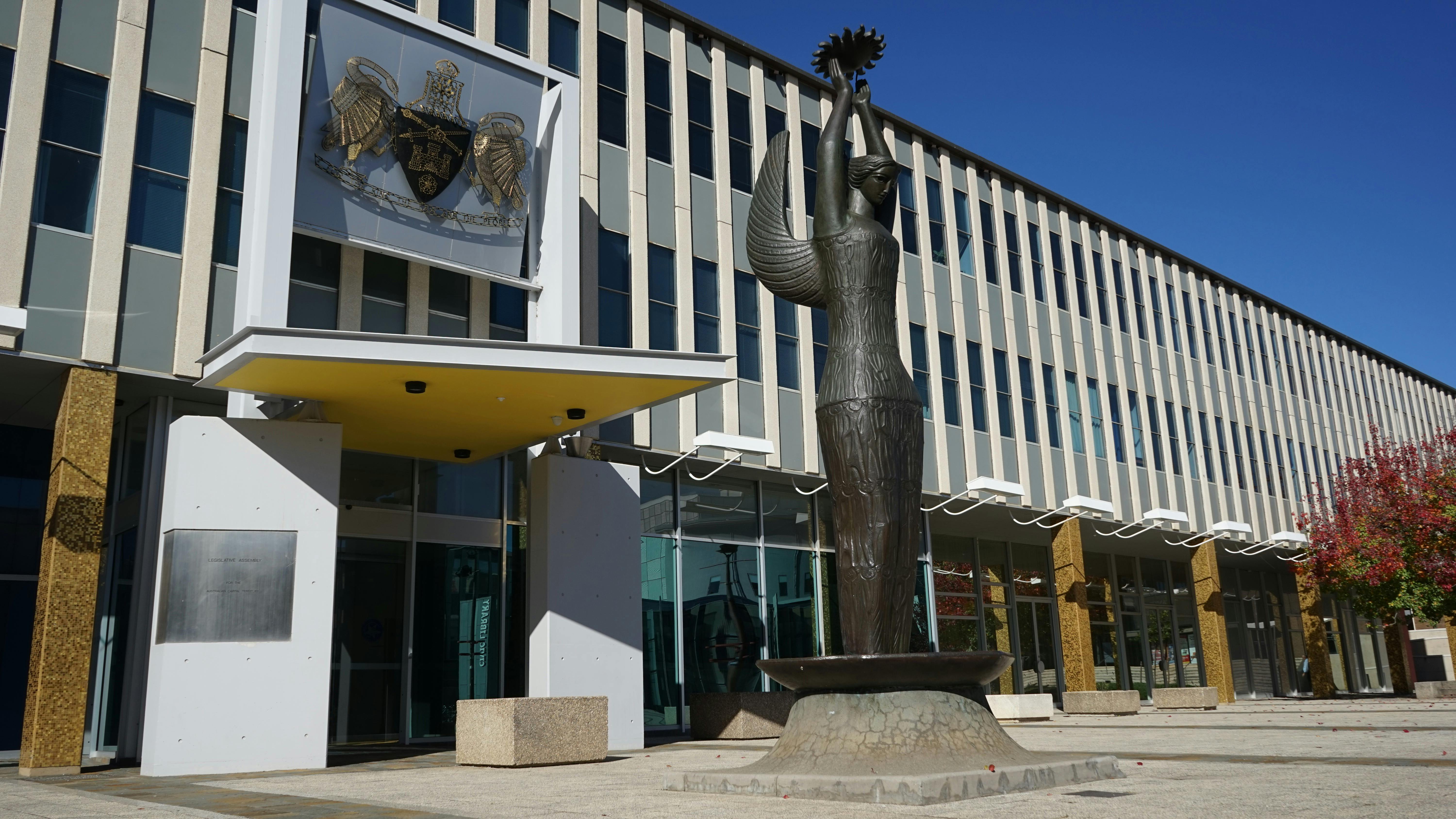 Front of Legislative Assembly of the ACT,  featuring 'Ethos'  statue artwork