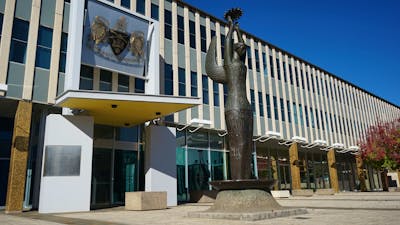 Front of Legislative Assembly of the ACT, featuring 'Ethos' statue artwork