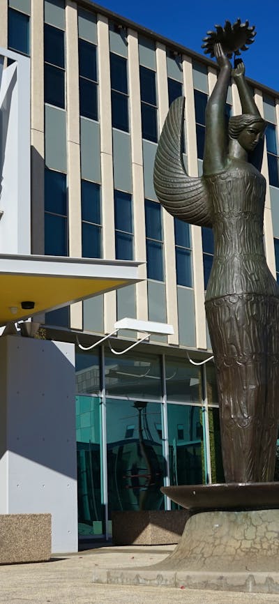 Front of Legislative Assembly of the ACT, featuring 'Ethos' statue artwork