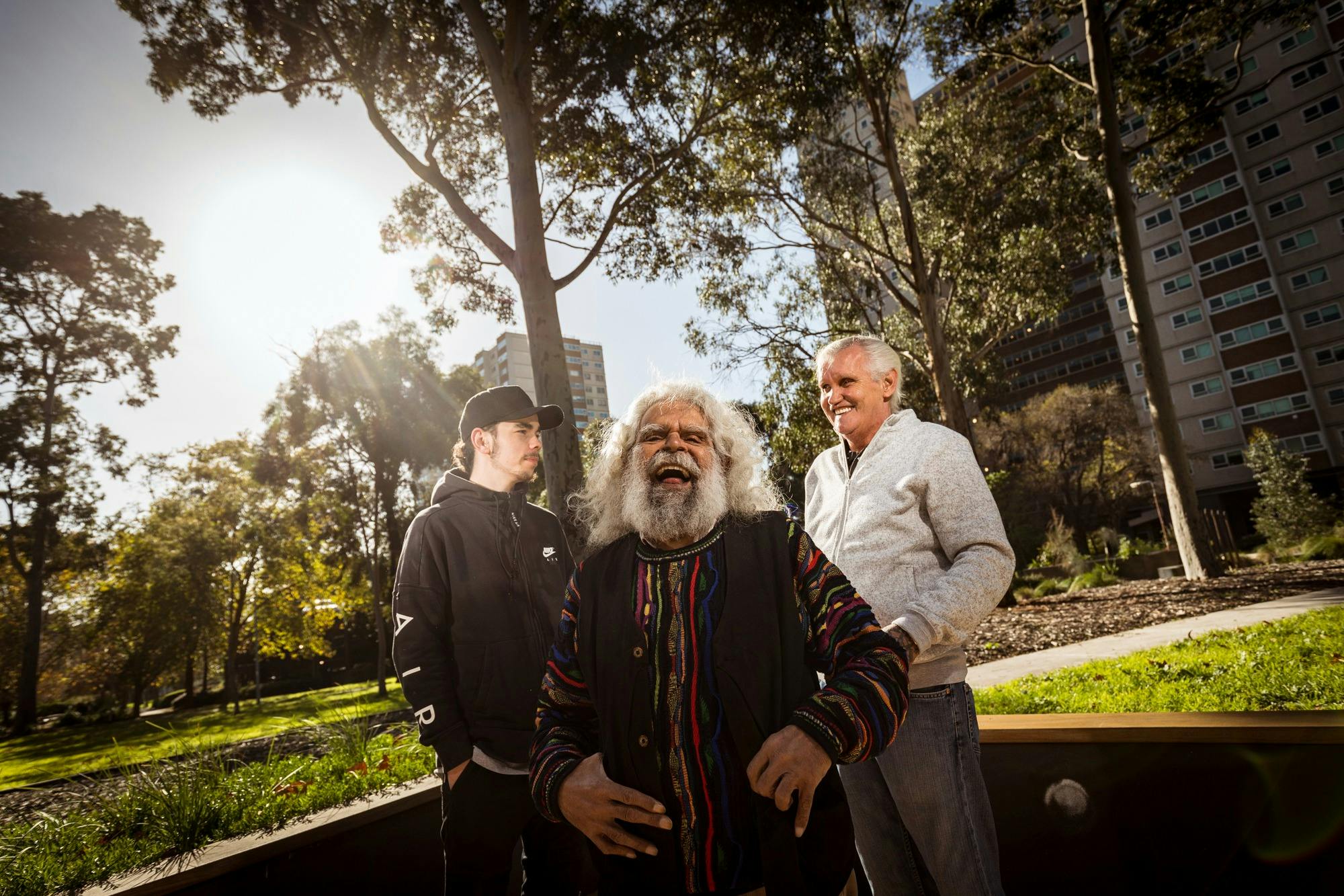 Uncle Jack Charles (centre) and Uncle Bootsie Thorpe (right), both interviewed by Graham BJ Braybon