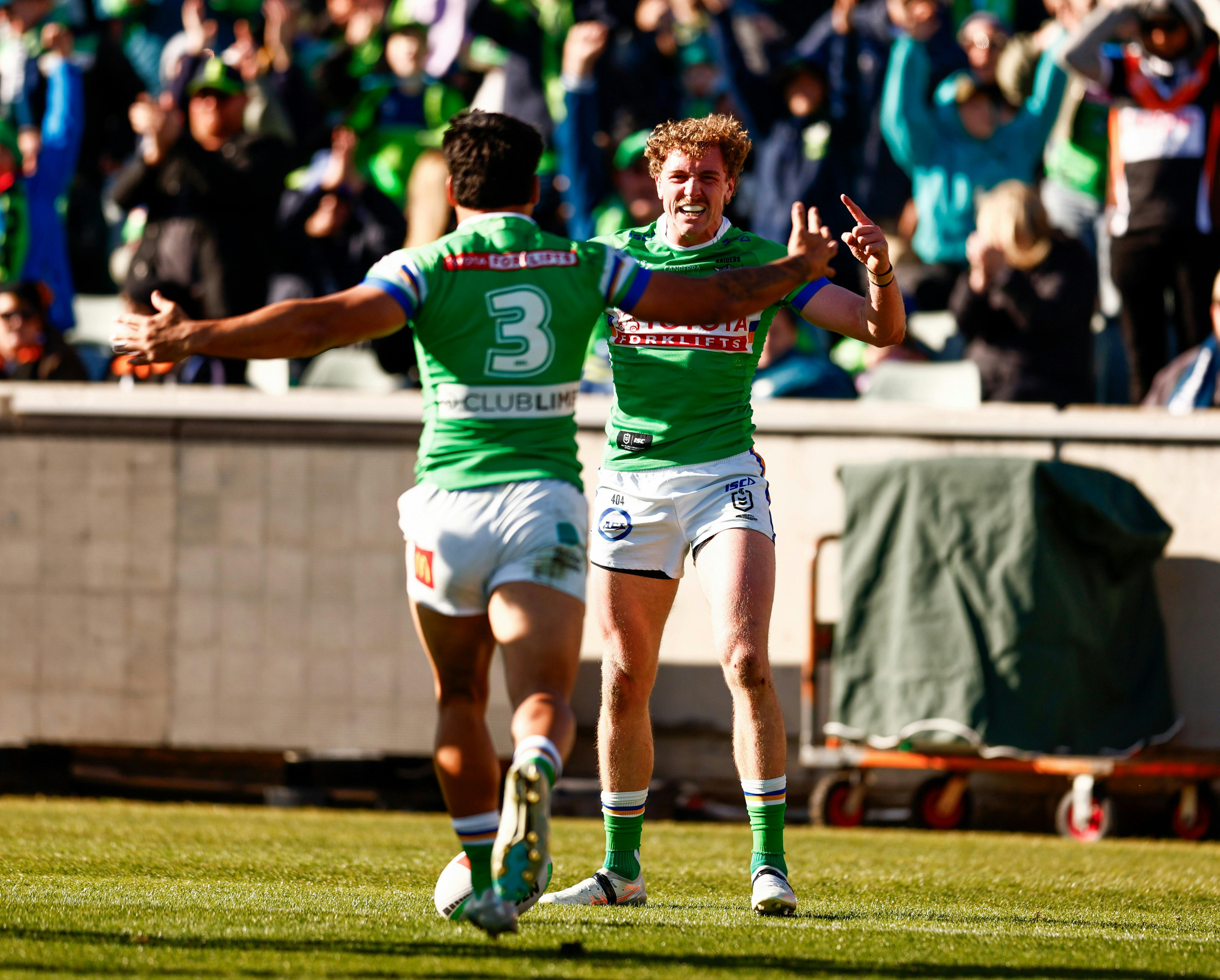 Canberra Raiders player Jed Stuart celebrating a try.
