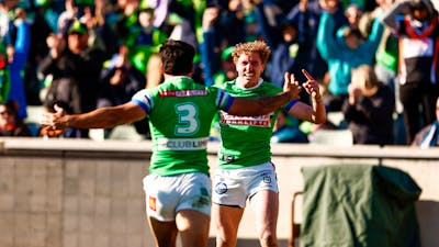 Canberra Raiders player Jed Stuart celebrating a try.
