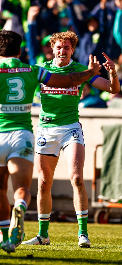 Canberra Raiders player Jed Stuart celebrating a try.