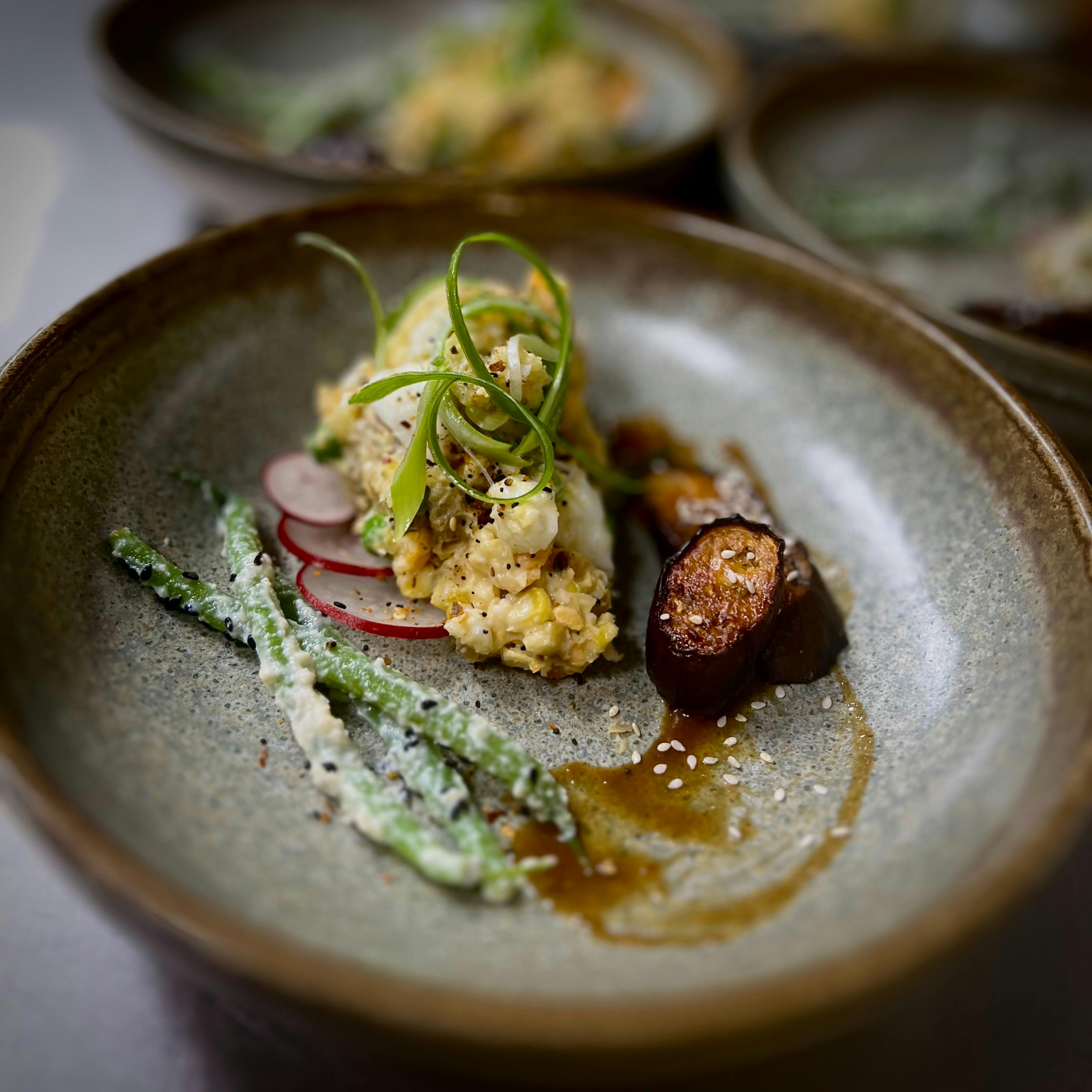 japanese potato salad with miso grilled eggplant & sesame dressed green beans