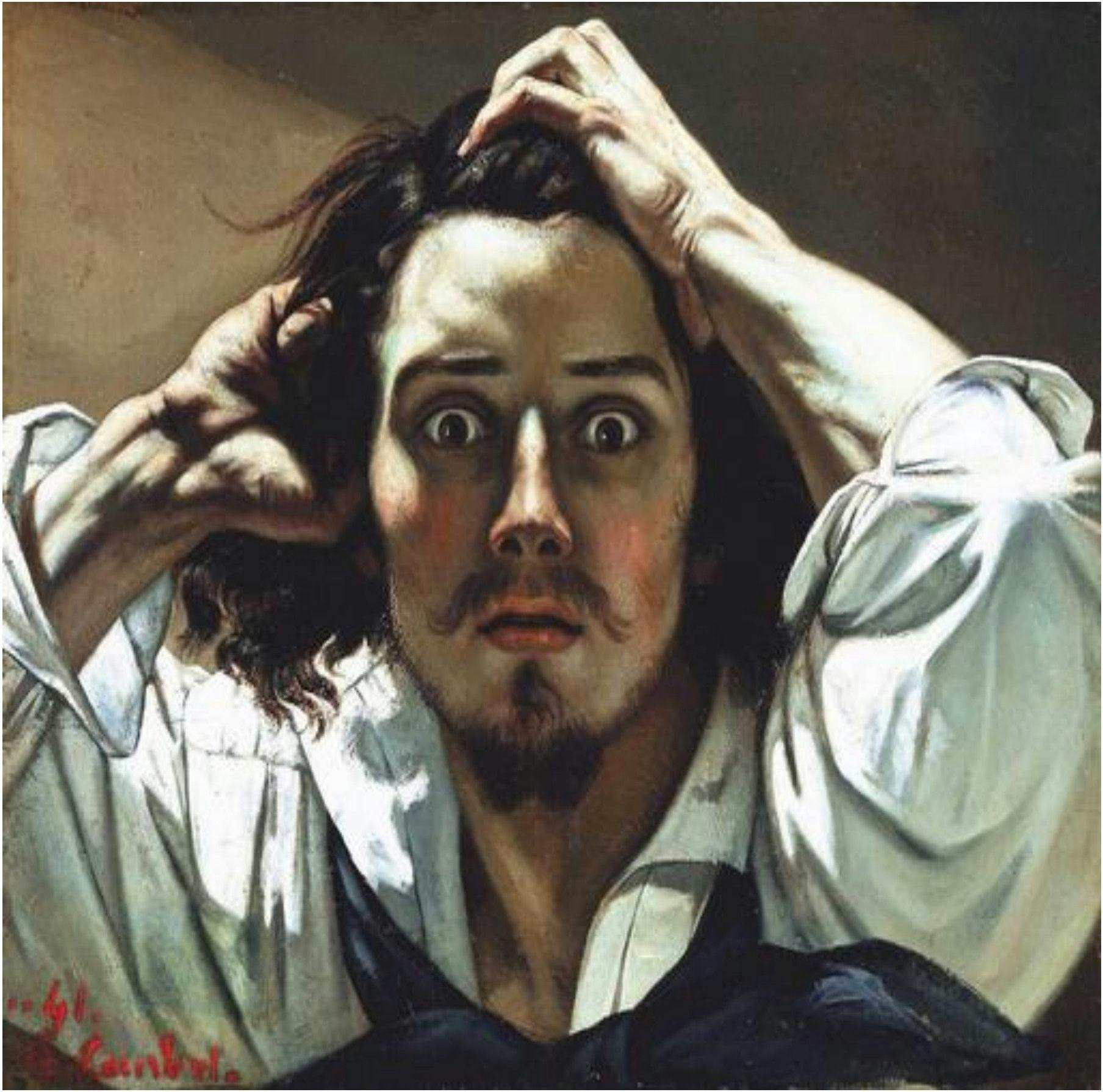 Oil on canvas painting of a young man, looking like he wants to tear his hair out