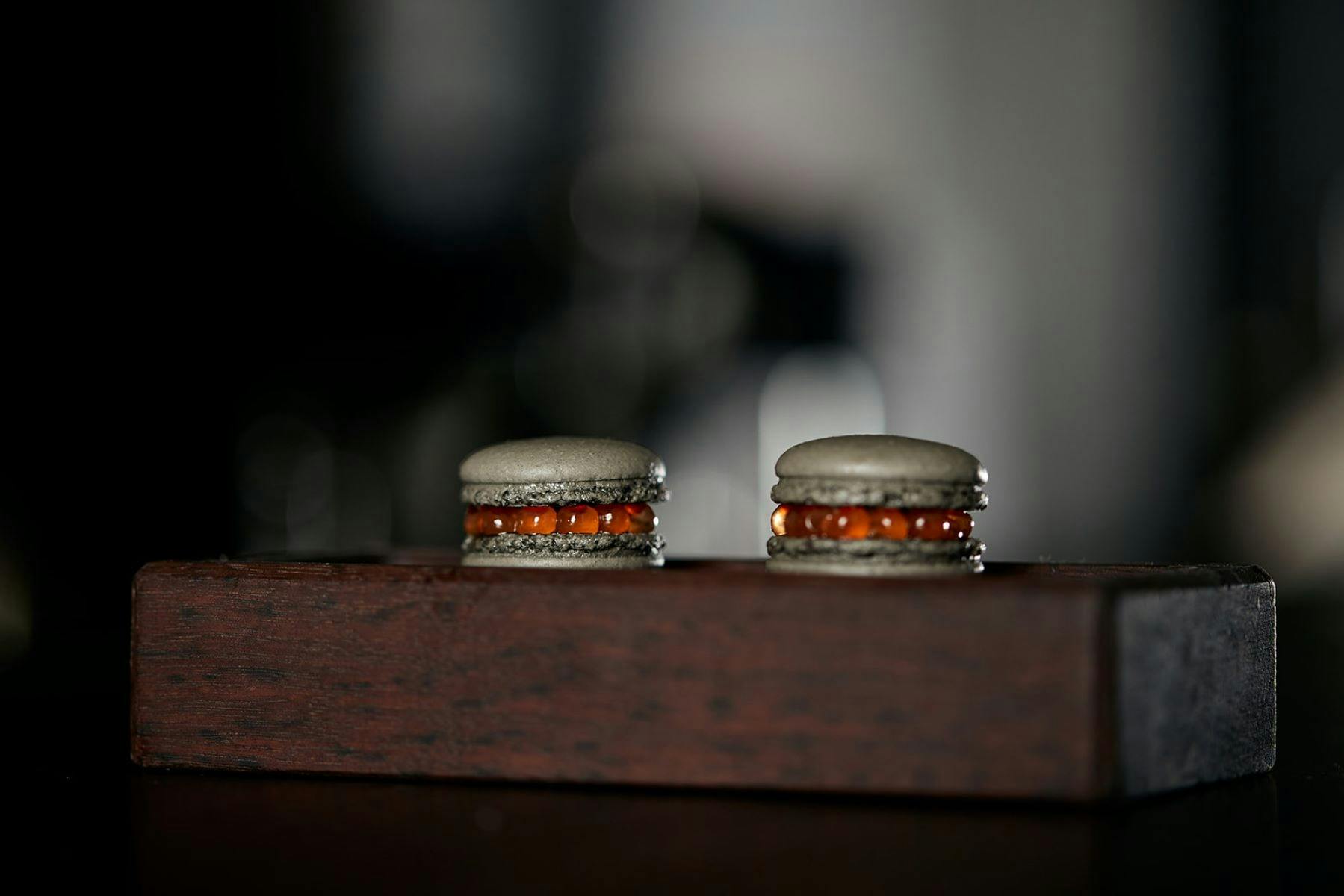 black  garlic, salmon roe macaron