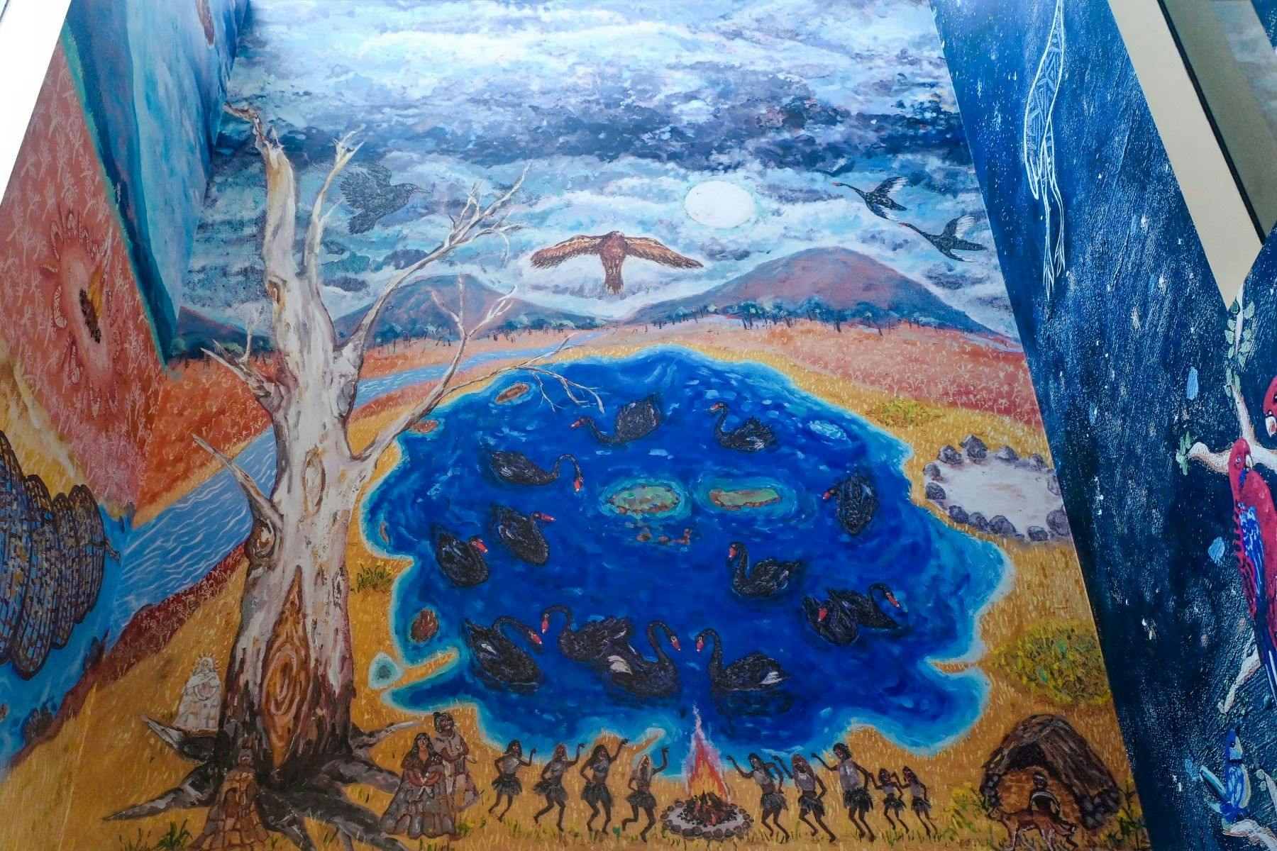 Acknowledgement of Country Mural: Mundi-gurrk and Wurring, wurring Family Gathering by the Biyal
