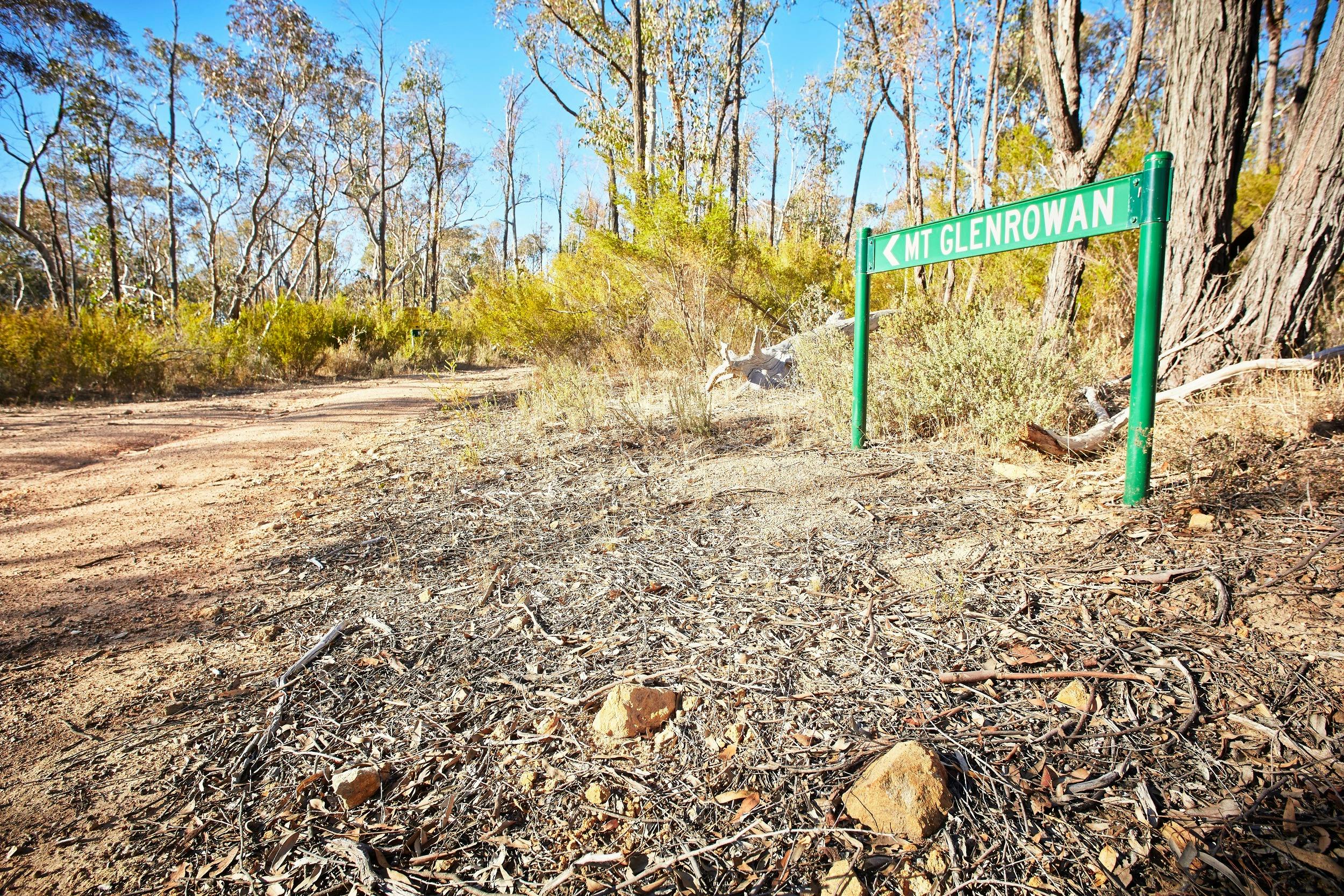 Green directional sign to Mt Glenrowan, dried leaves, rocks, road, green bushes, gum trees, blue sky
