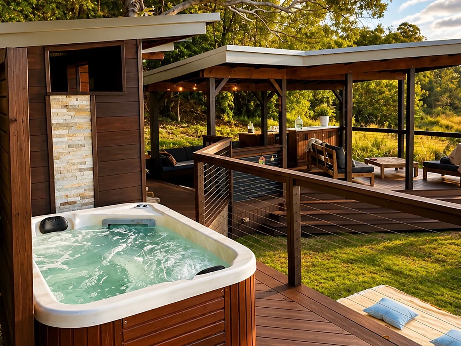 Bubbling spa on timber deck beside covered outdoor lounge, framed by gum trees at golden hour