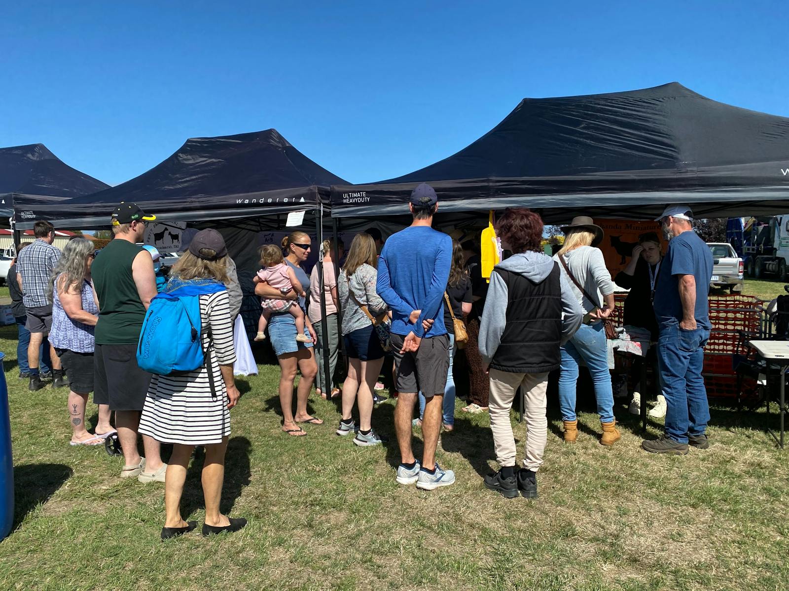 A crowd of people gather outside marquees at GoatFest, looking at the goats on display within.