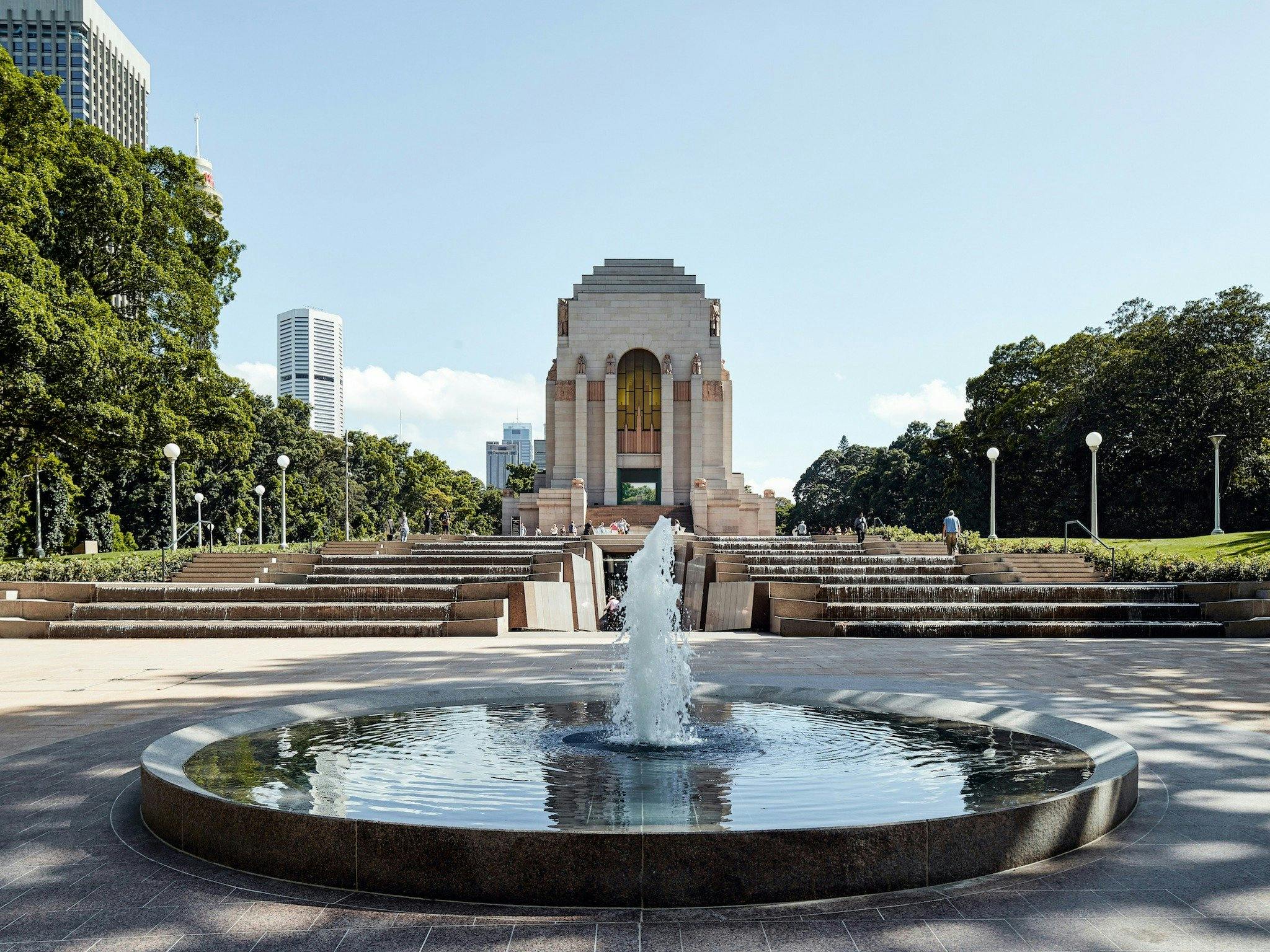 View of the Cascade and Memorial from Liverpool Street. Water fountain in foreground