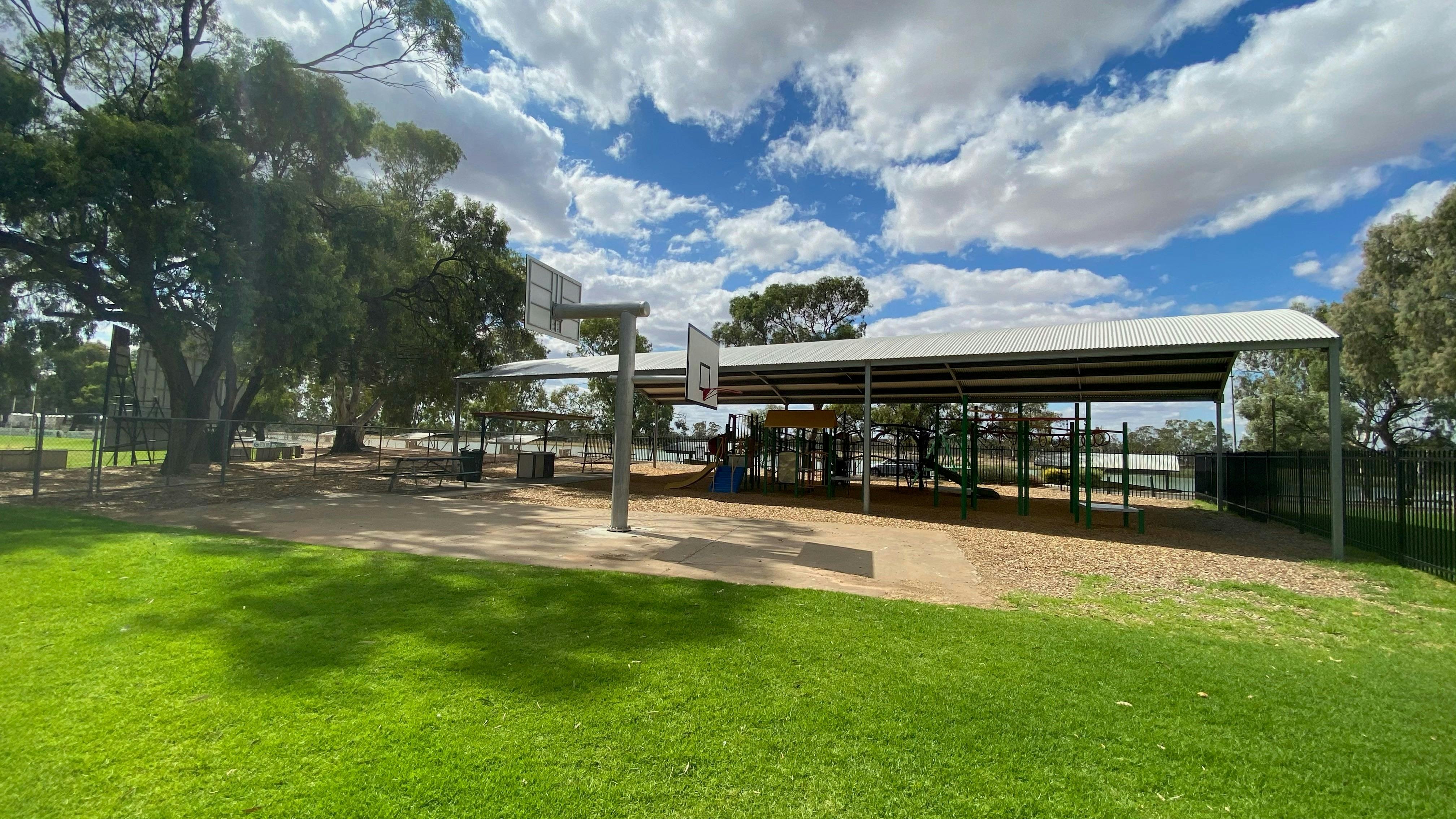 Waik Riverfront Lions Playground looking north from inside south gate