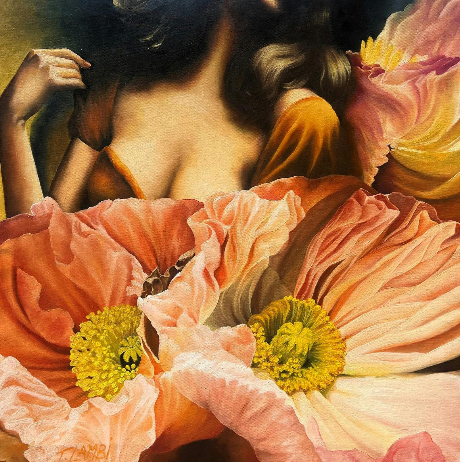 Orange and white poppies with a woman sitting among them