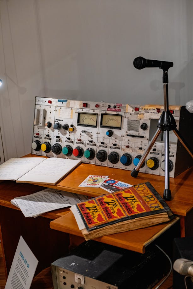 A mock 2XX radio studio desk on display 2XX People-Powered Radio - Celebrating 50 years at CMAG