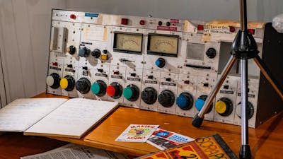 A mock 2XX radio studio desk on display 2XX People-Powered Radio - Celebrating 50 years at CMAG