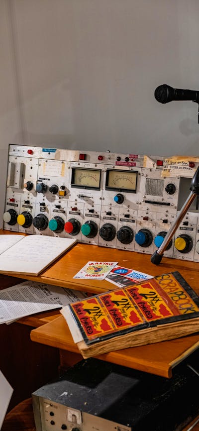 A mock 2XX radio studio desk on display 2XX People-Powered Radio - Celebrating 50 years at CMAG