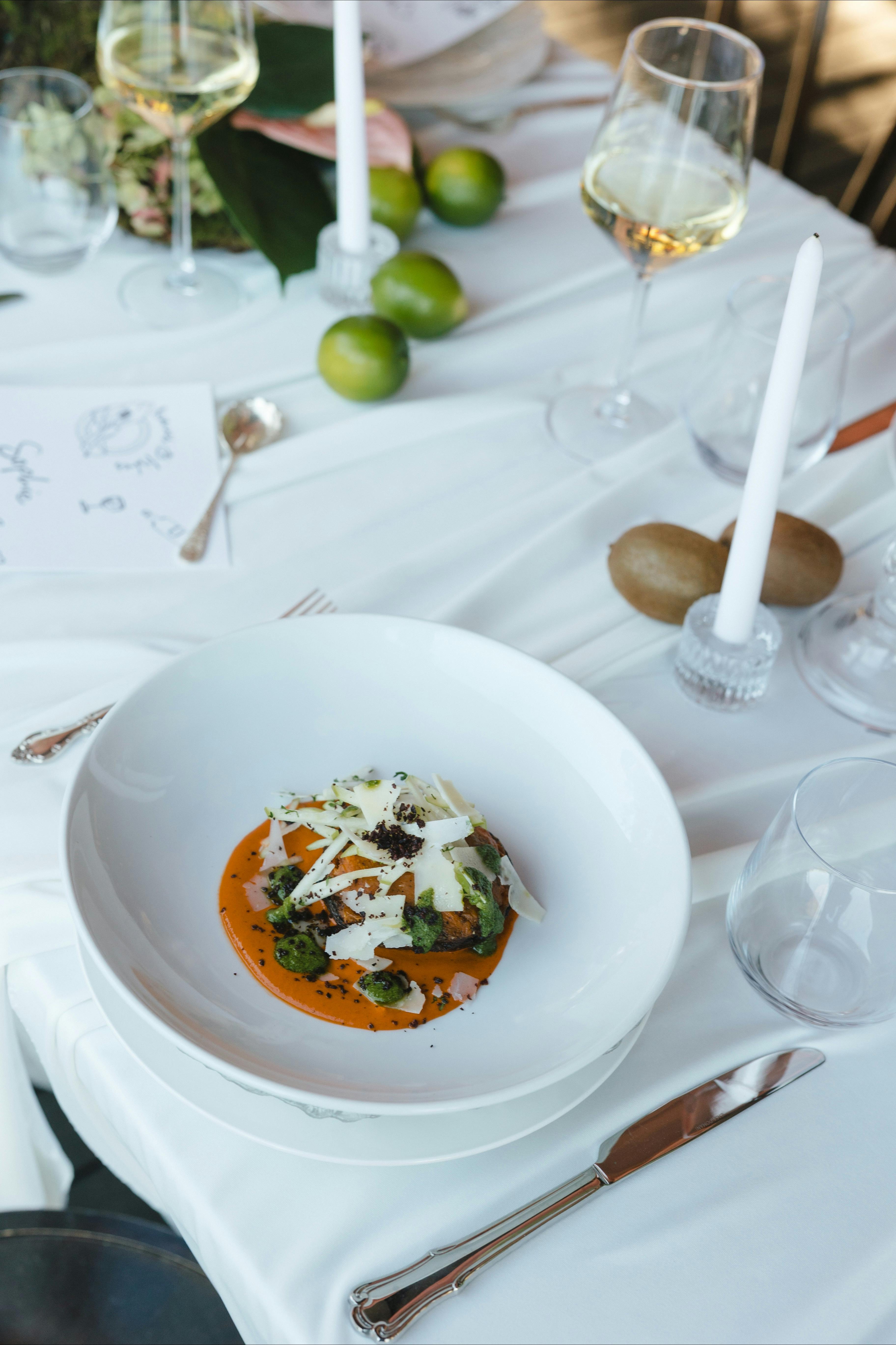 Sweet Potato Stuffed Mushroom, romesco, apple, parmesan, salsa verde, balsamic & black olive