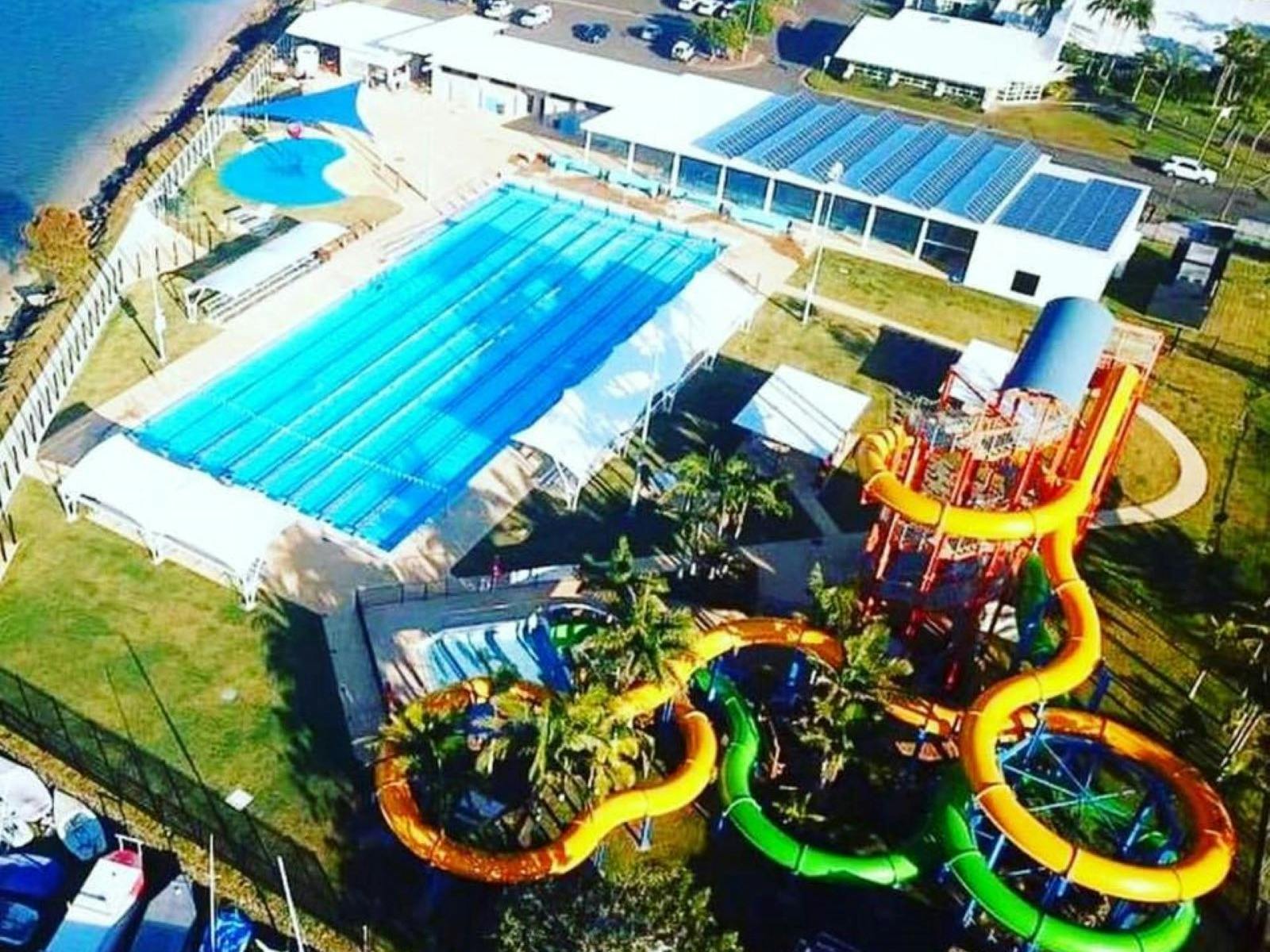 Aerial view of slides and pool