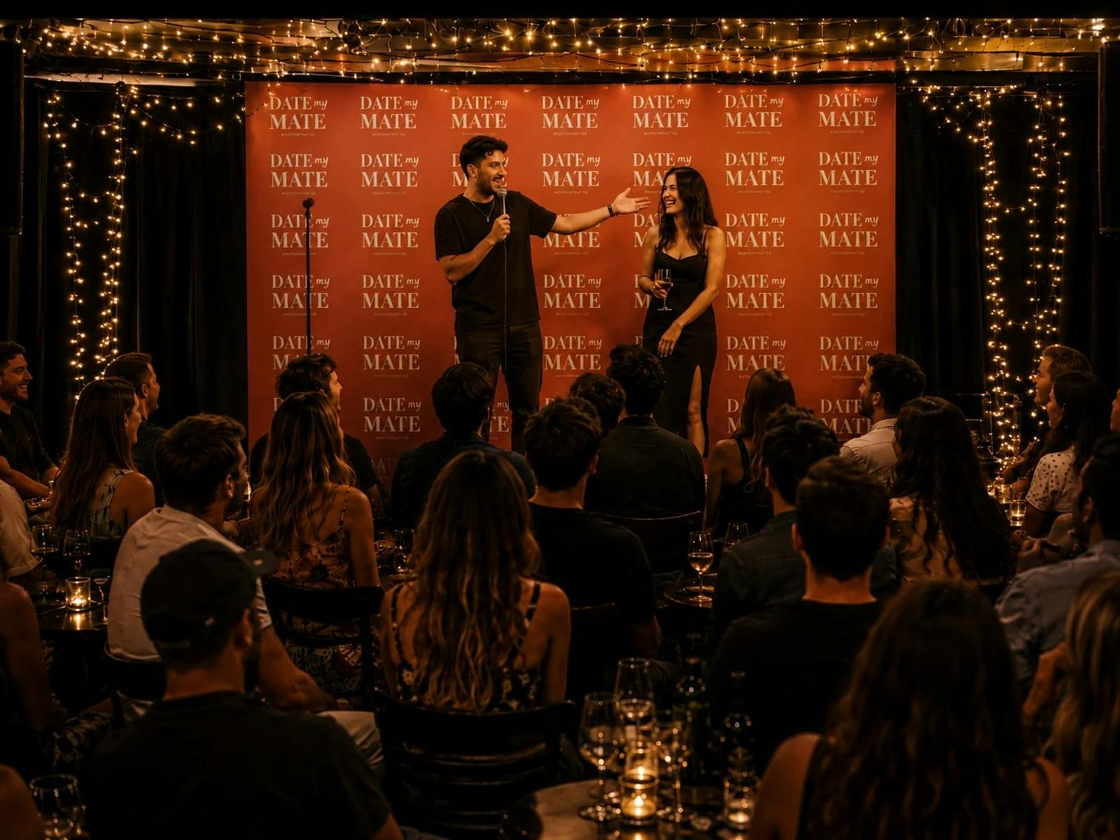 A host on stage pitching a single guest to a seated crowd at a Date My Mate night