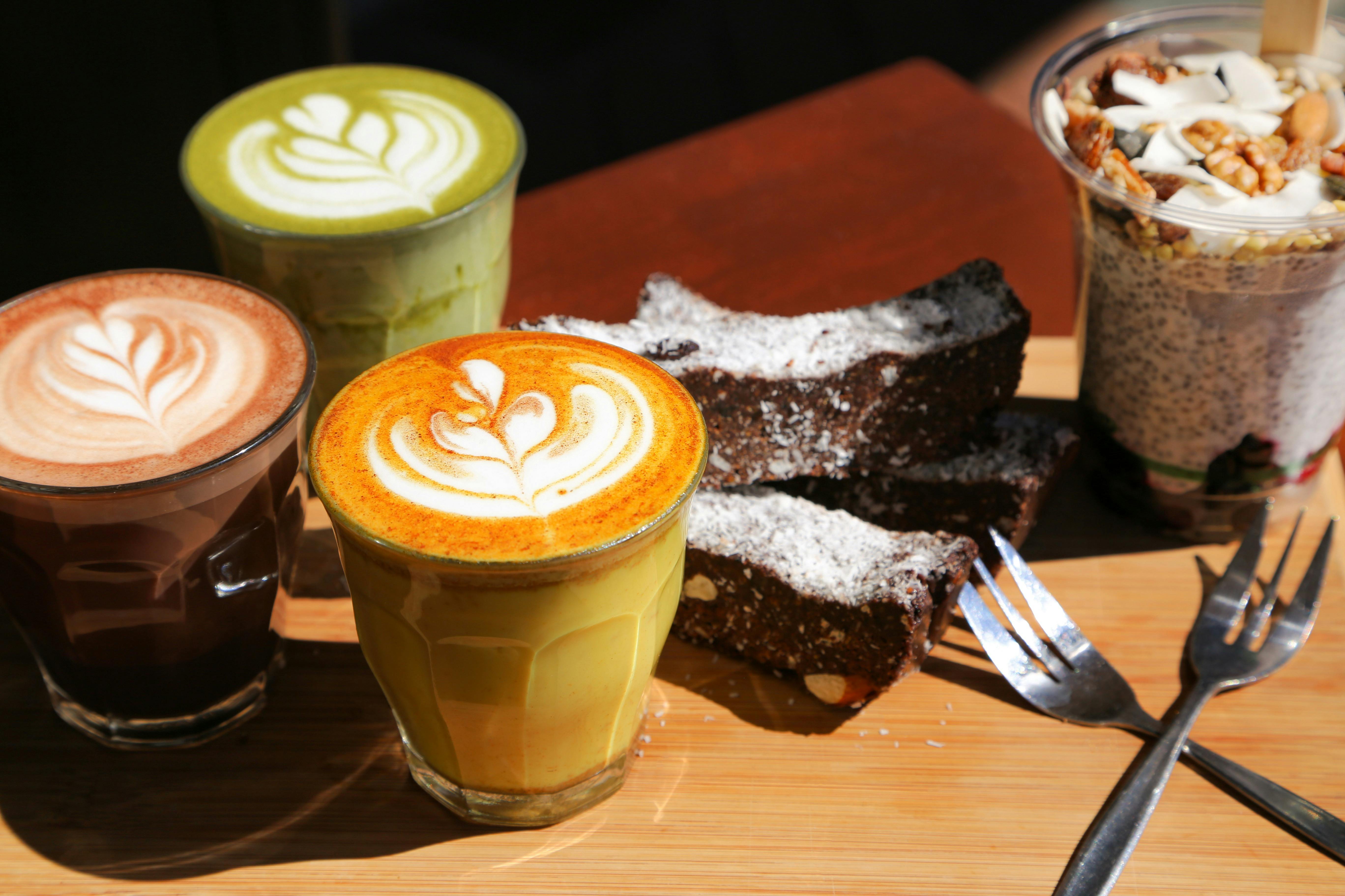 Delicious latte options - Matcha, Chai, and Tumeric. House made breakfast snacks as well.