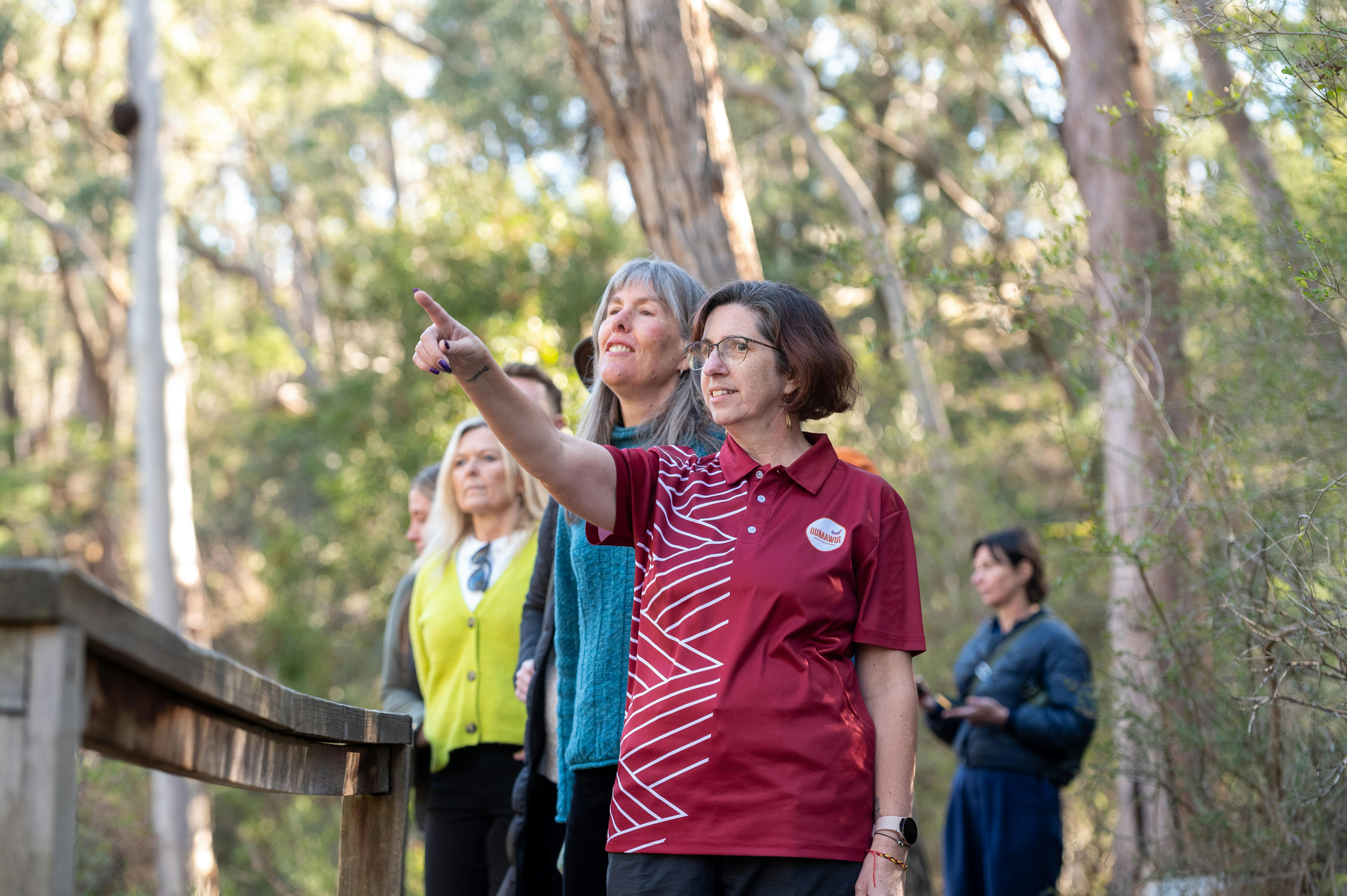 A Djaara Tour Guide leads a group through a bushland setting and points to something in the distance