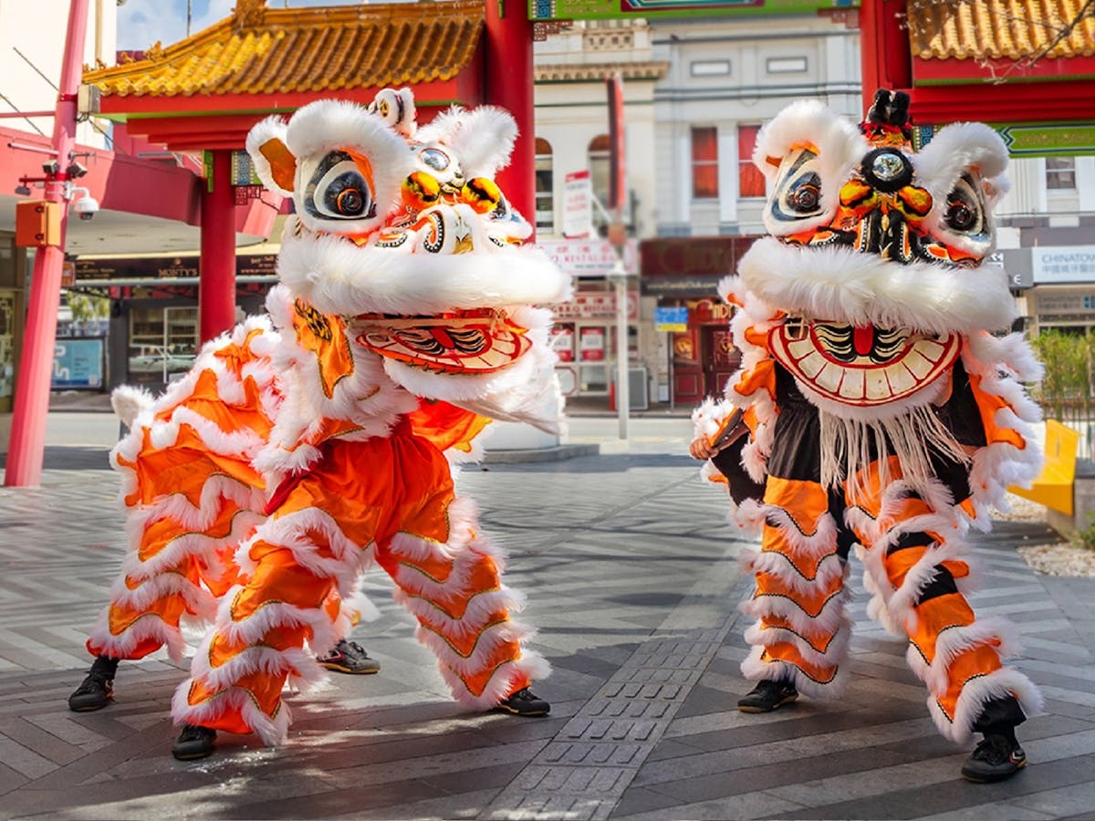 Two traditional Chinese Lion dances in Chinatown Mall