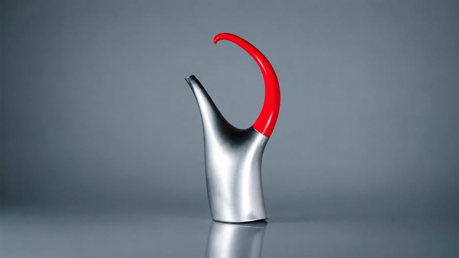 jug in anodised silver with a curving bright red handle