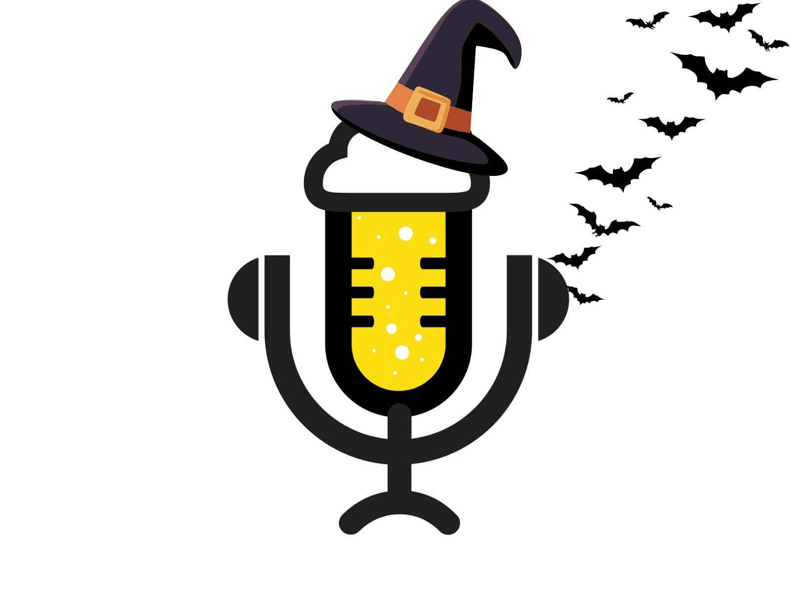 A stylized black microphone wearing a purple witch hat glows yellow as bats fly nearby