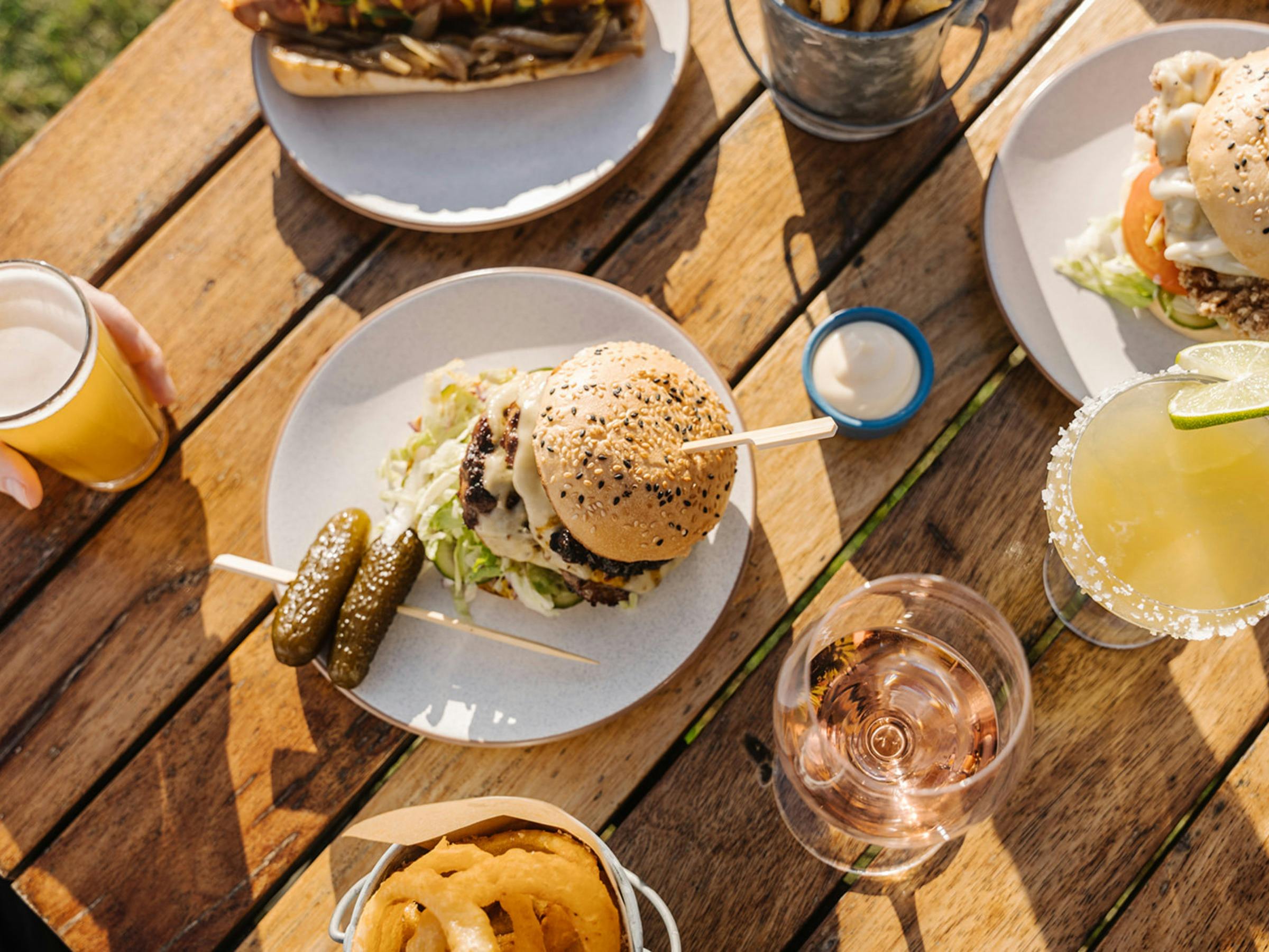burgers and drinks, birdseye view