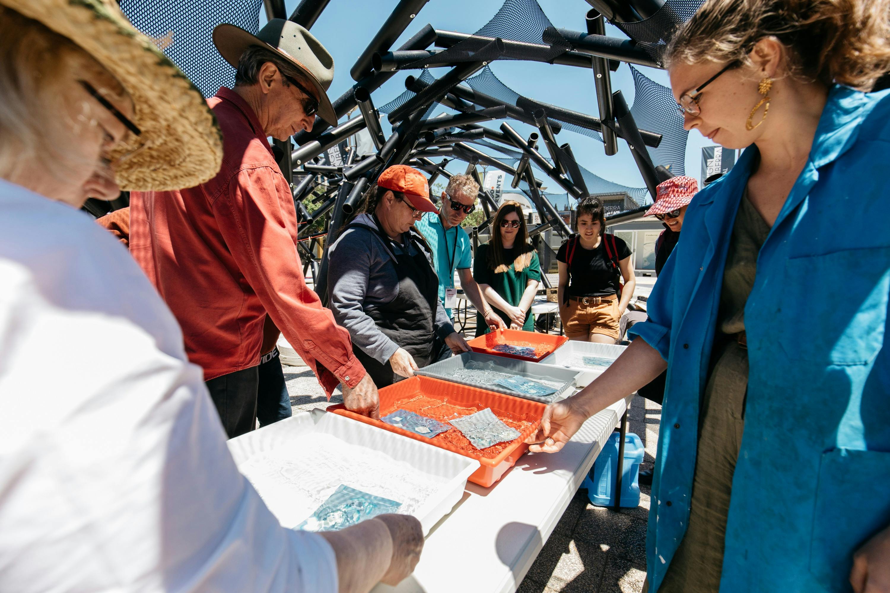 A group of people stand around water tubs making sun based prints