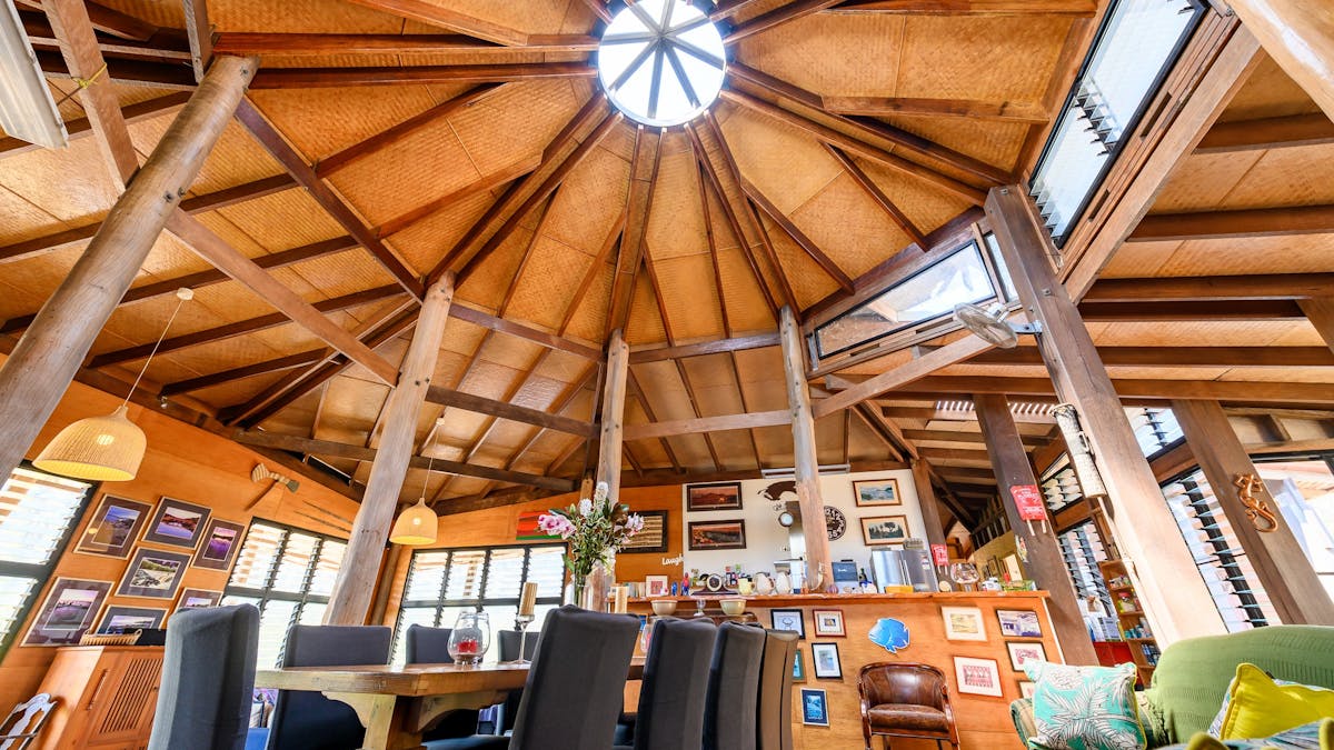 The magnificent cathedral ceiling overlooks the dining area