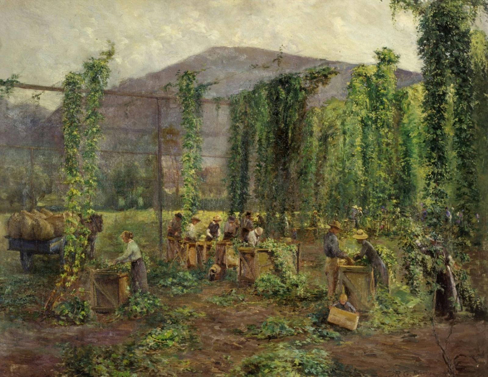 Painting of early 20th century hop pickers in southern Tasmania