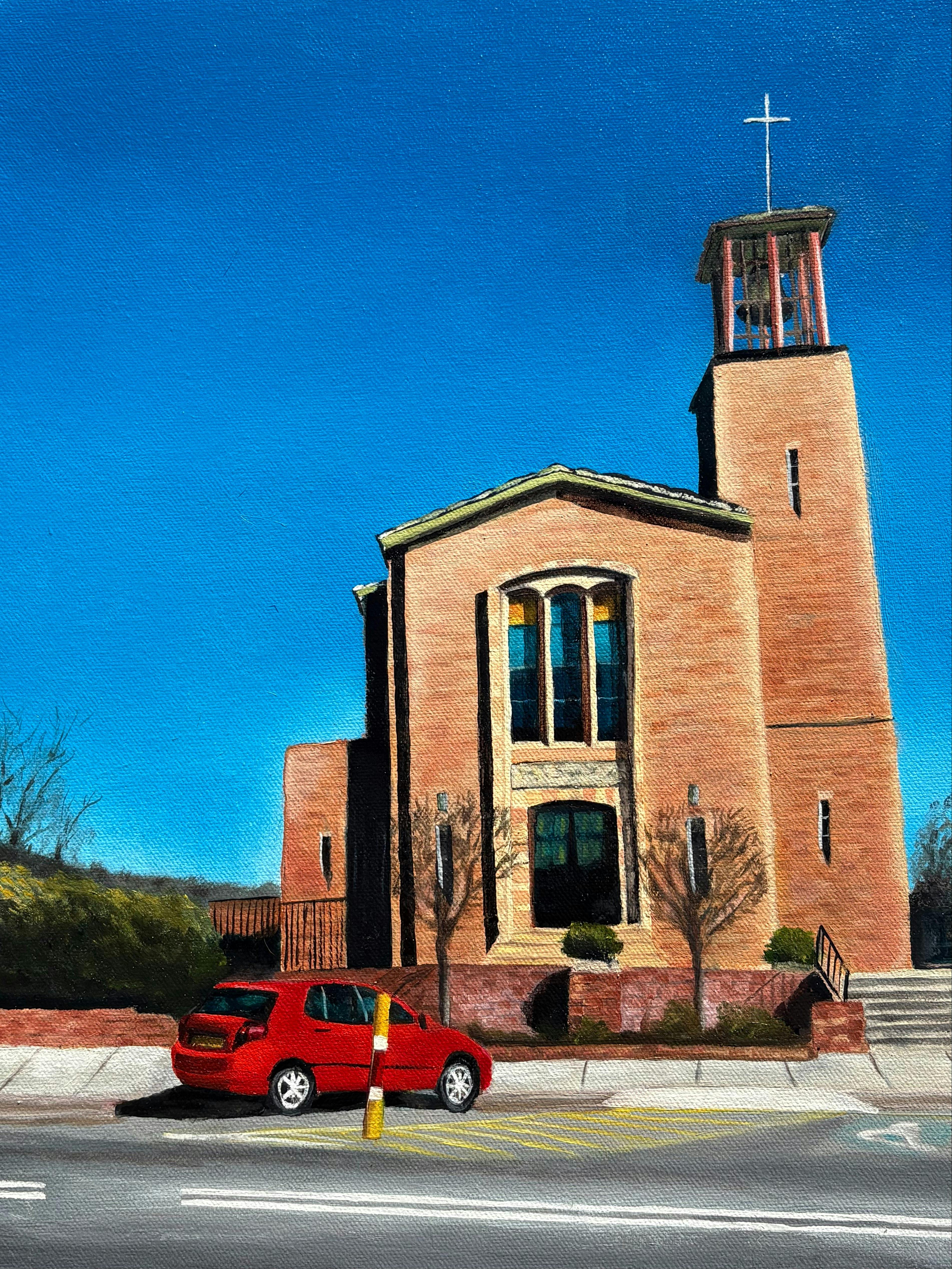 oil painting of small red brick church with red car parked in front