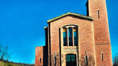 oil painting of small red brick church with red car parked in front