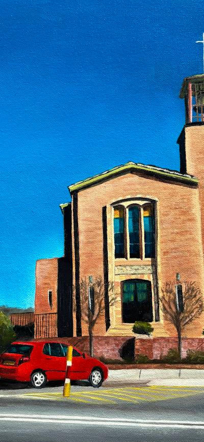 oil painting of small red brick church with red car parked in front