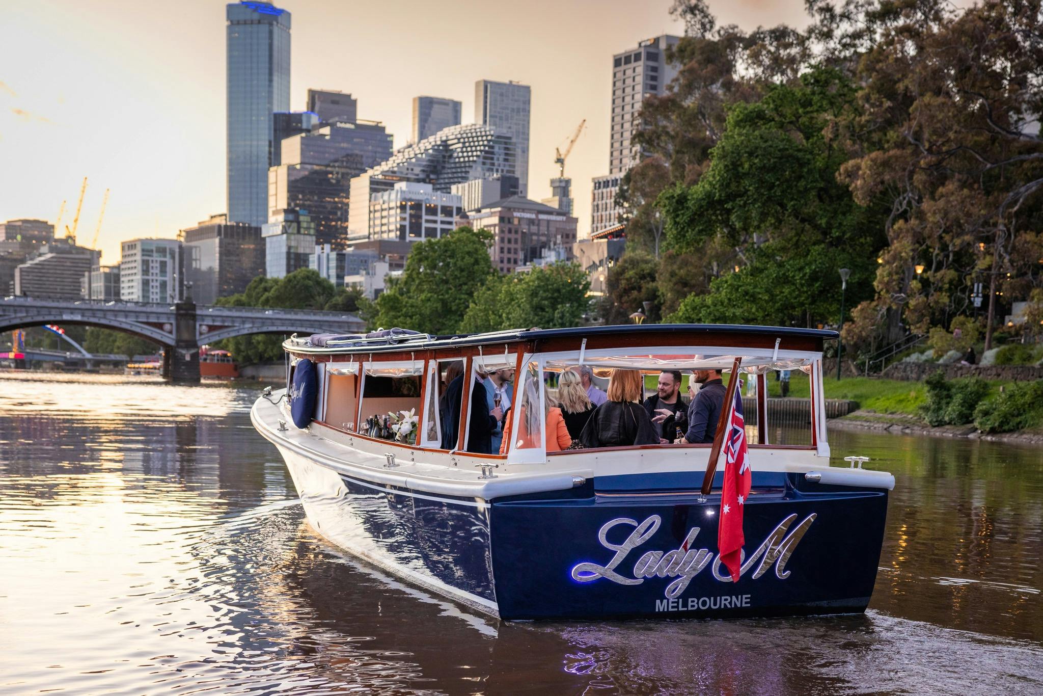 City views onboard Lady M on the Yarra River Melbourne