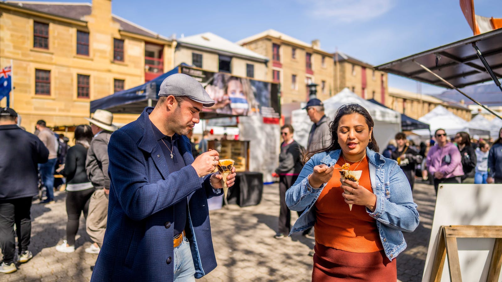 Enjoying some of the street food available, including pocket curries