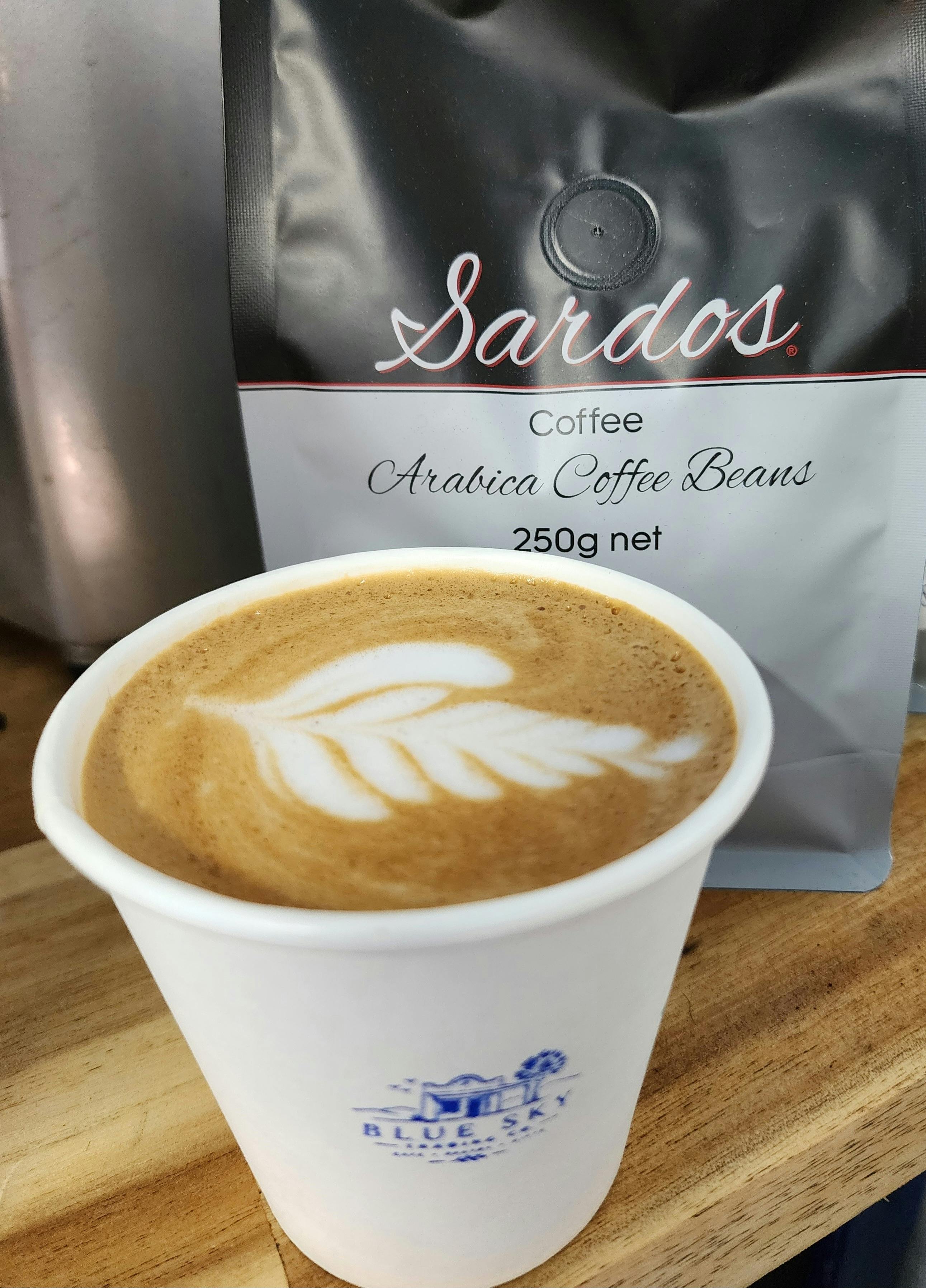 Freshly made coffee with latte art at Blue Sky Trading Co. Mendooran