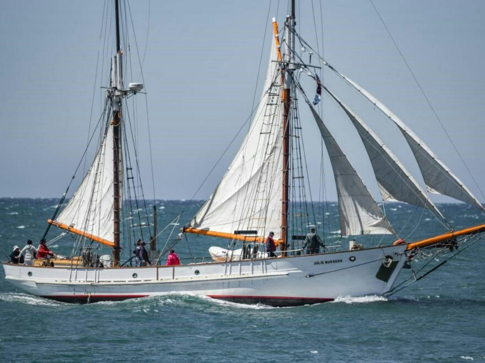 Julie Burgess Tall ship on the ocean with sails blowing in wind